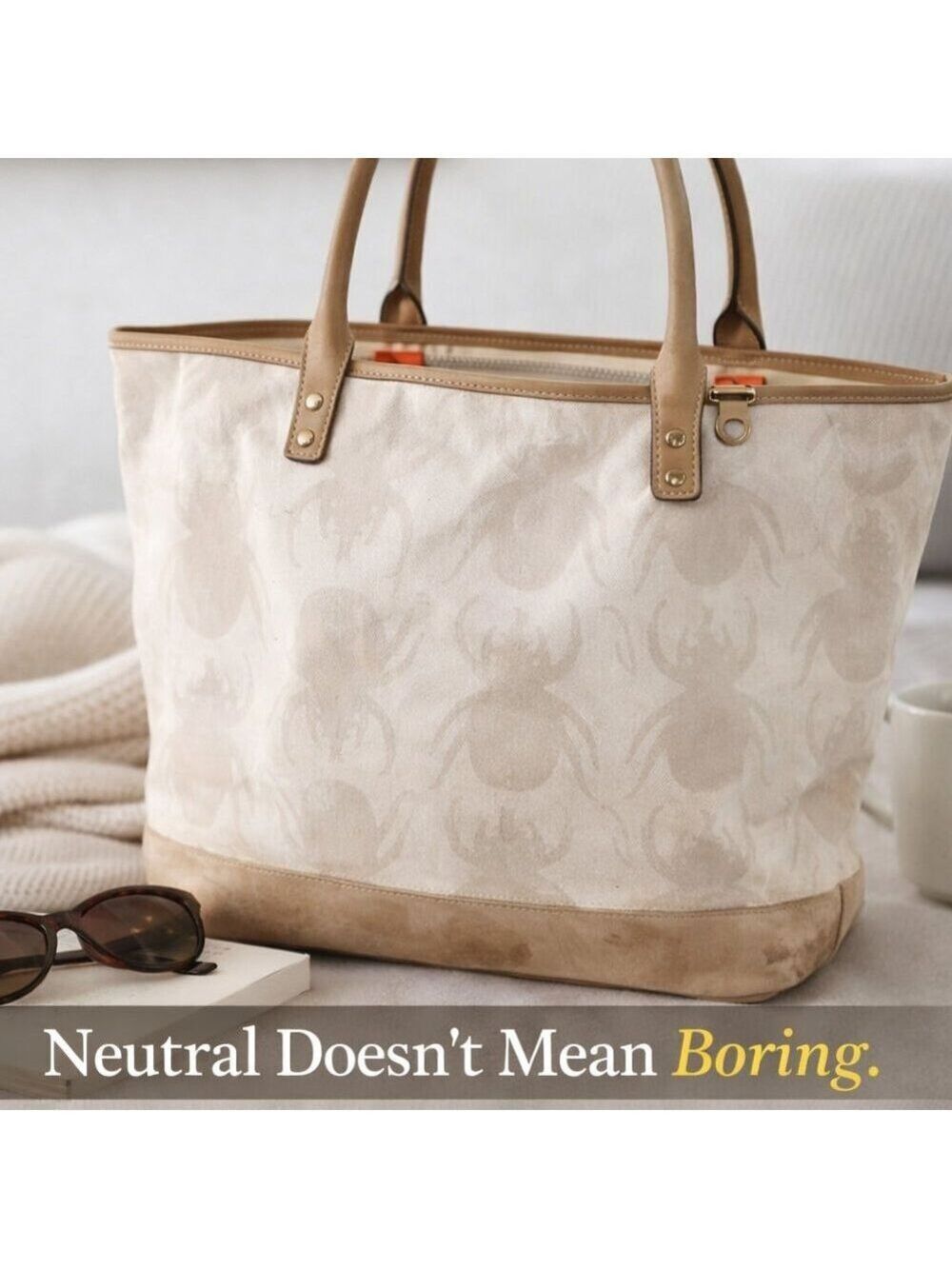 India Hicks Beetle Print Canvas Leather Tote Bag Neutral Heritage Style